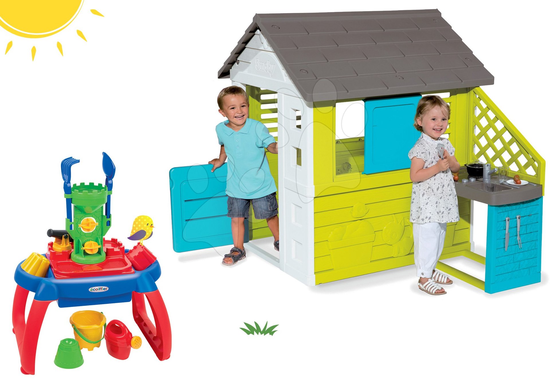 Smoby set dětský domeček Pretty Blue s letní kuchyňkou a pískoviště stolek na vodu a písek 810703-35